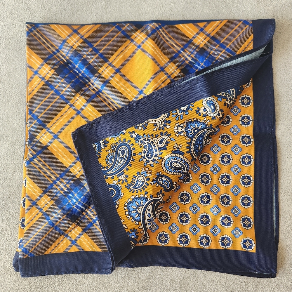 Cremieux square pocket blue orange 100%silk 4 panels paisley plaid formal new$35